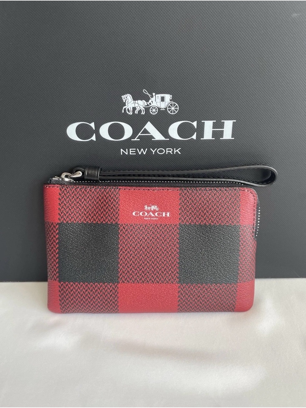 NWT Coach Corner Zip Wristlet in Red/Black Buffalo Plaid Brand New in packaging